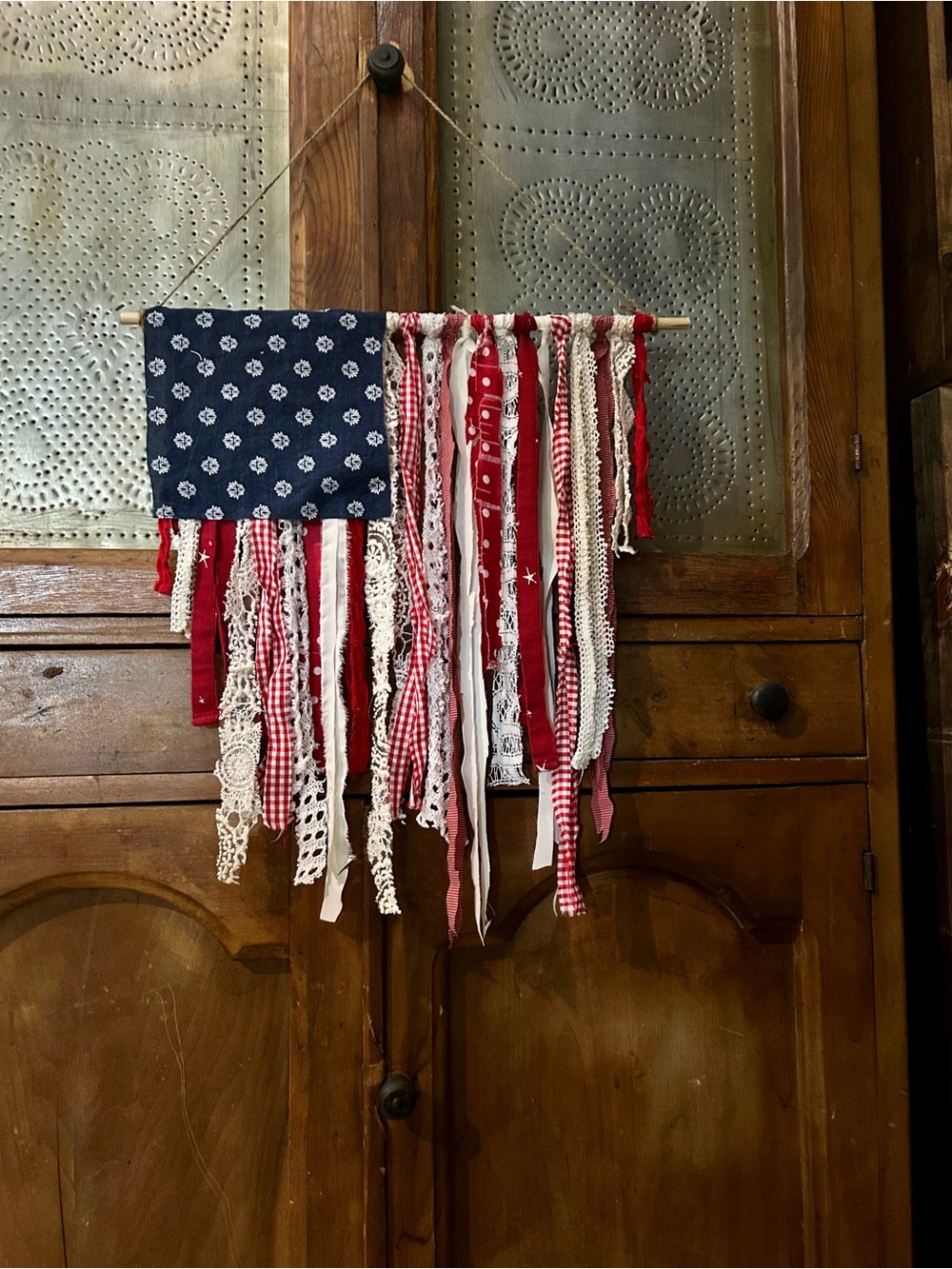 Handmade Patriotic Fabric Flag Wall Hanging - Red, White & Blue